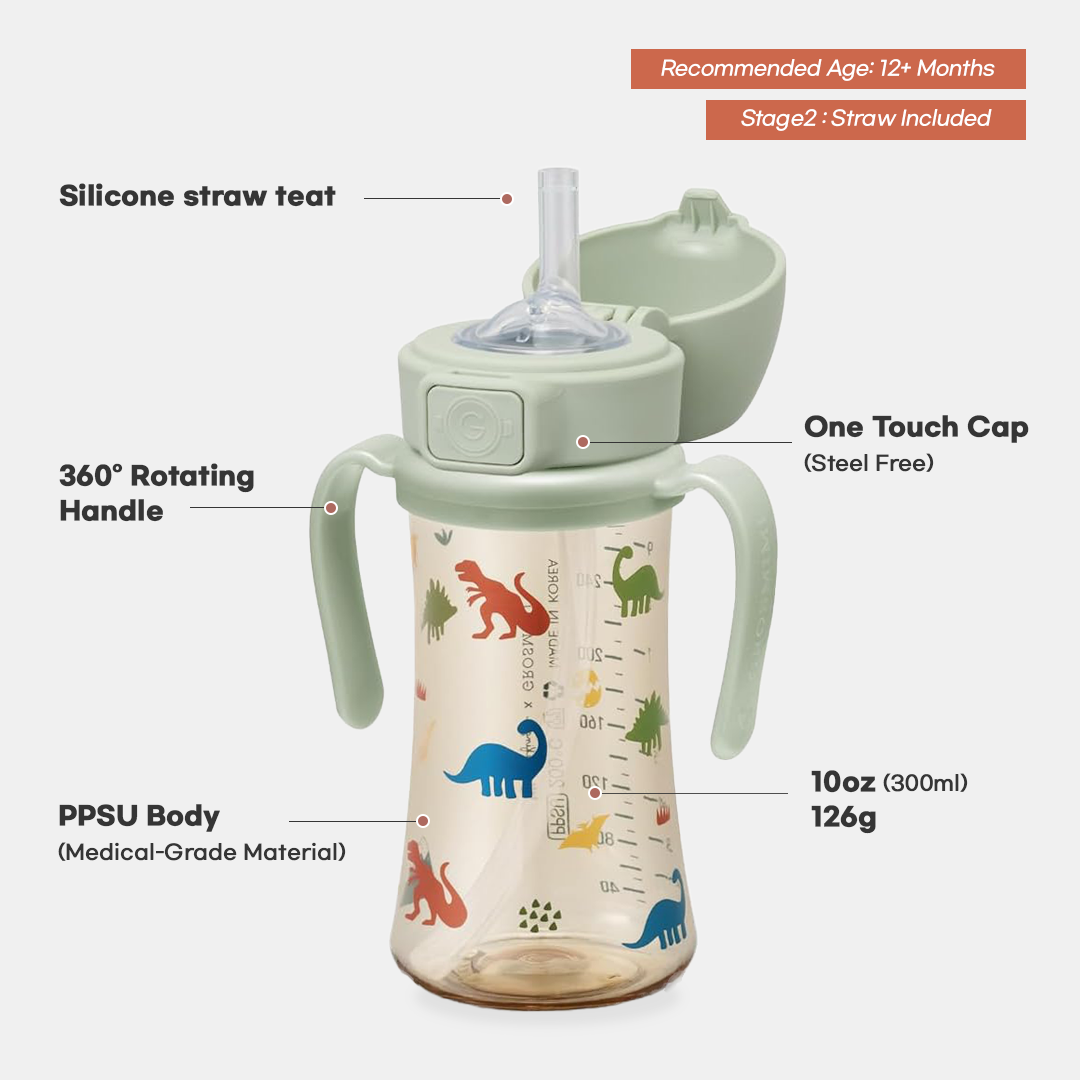 Grosmimi PPSU Straw Cup with Flip Top - 10oz (300ml) Stage 2 Straw