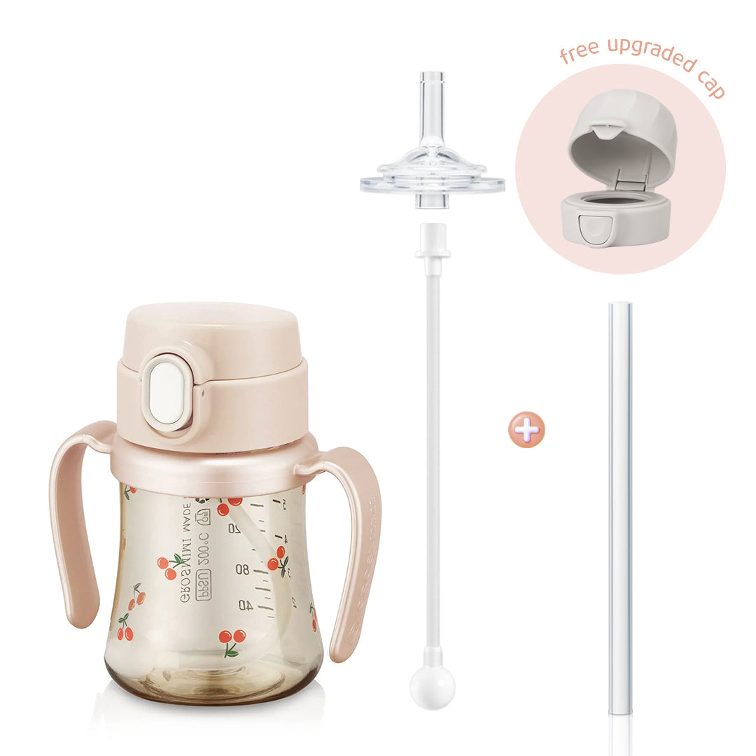 Grosmimi PPSU Cherry Straw Cup with Flip Top & Weight - 6oz (200ml)